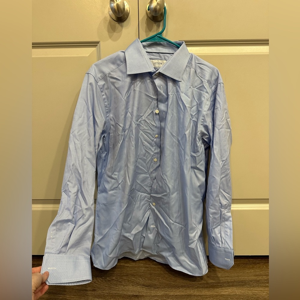 Eton Men’s light blue striped signature twill shirt, size 43 slim 17